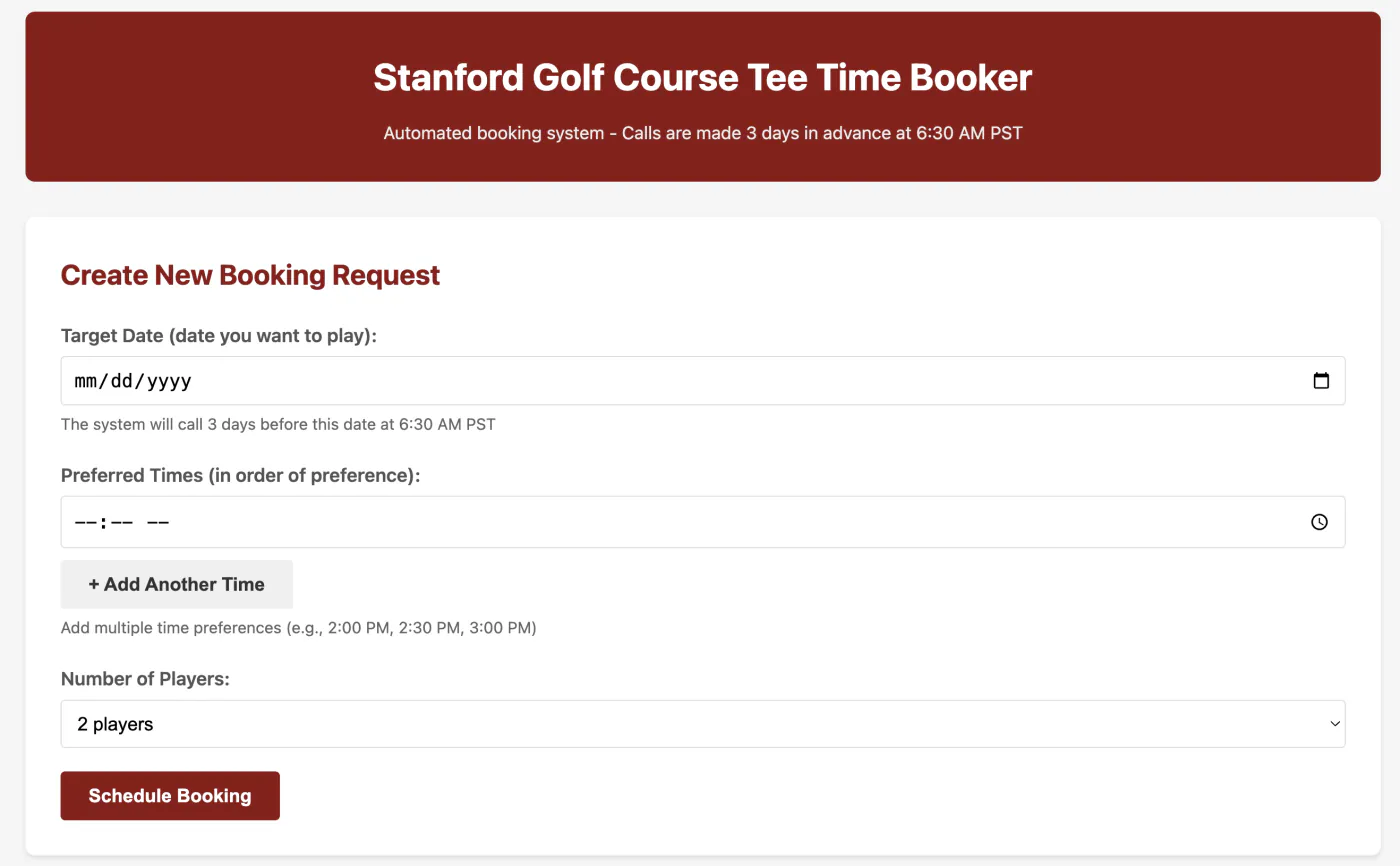Stanford Golf Course Tee Time Booker - Booking form interface